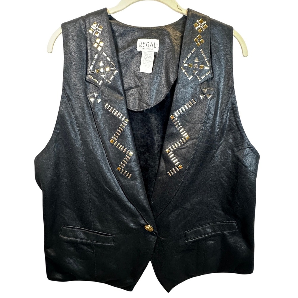 Regal Vintage Black Studded Faux Leather Vest Metallic Gold Silver Accents S